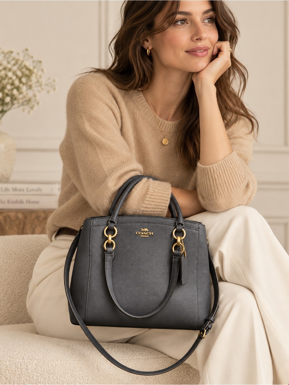 Coach Minetta F57847 Midnight Crossgrain Leather Satchel Crossbody Gold Like New